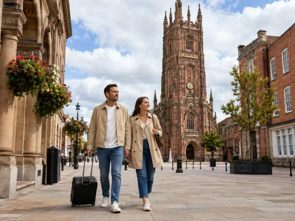 Travellers with luggage walking through Wrexham near St Giles' Church