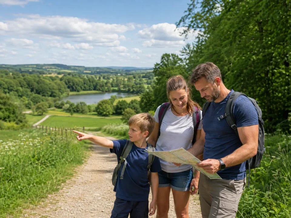 Family visitors following a map in the green landscape of Yeovil Country Park