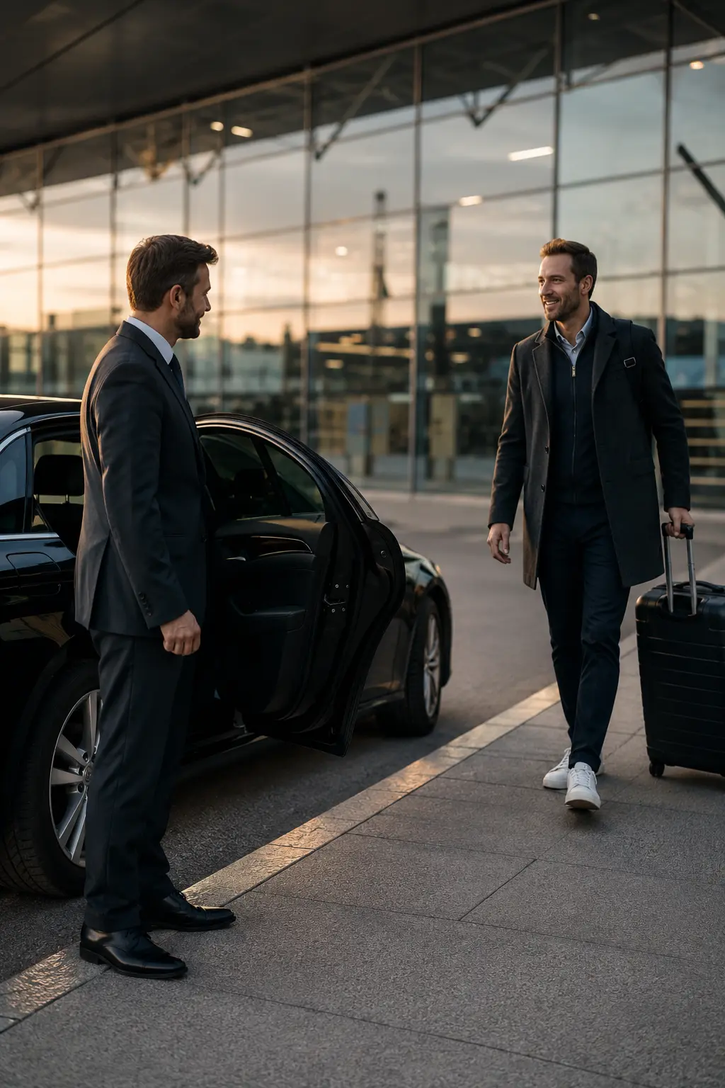 Driver holding open a car door for an arriving airport traveller