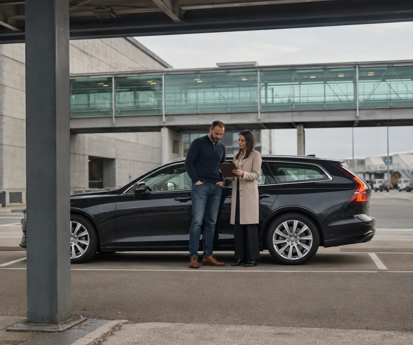 Prospective driver discusses requirements beside a parked estate car