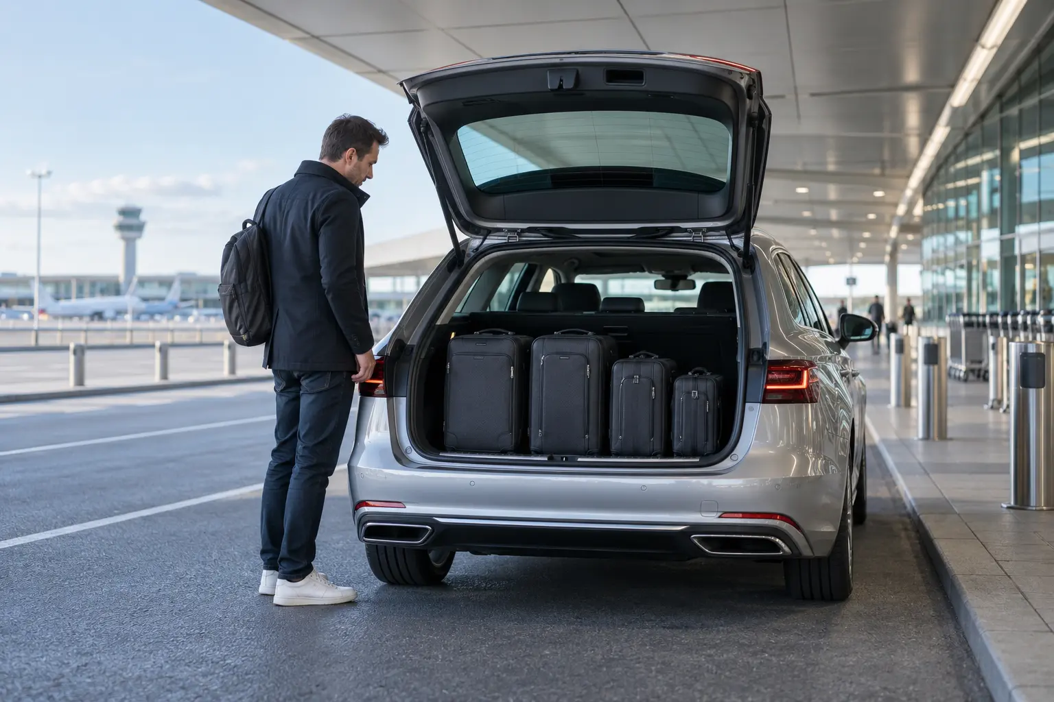Four standard suitcases arranged in the open boot of a silver estate car