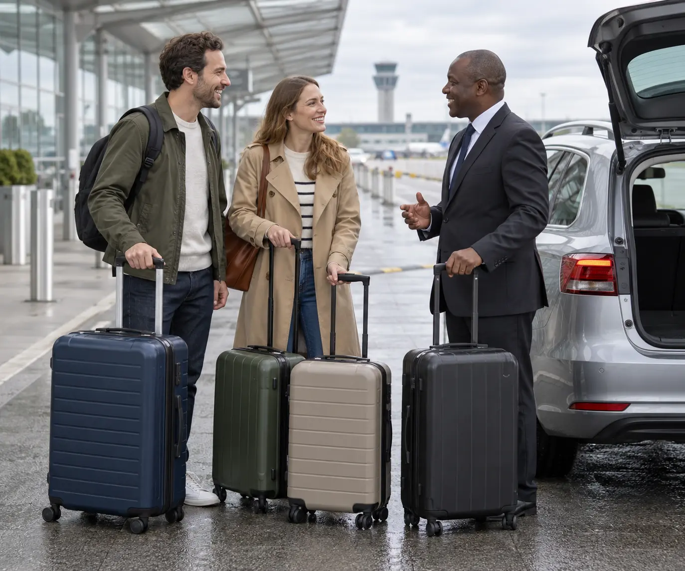Two travellers and a driver with four suitcases beside a silver estate car