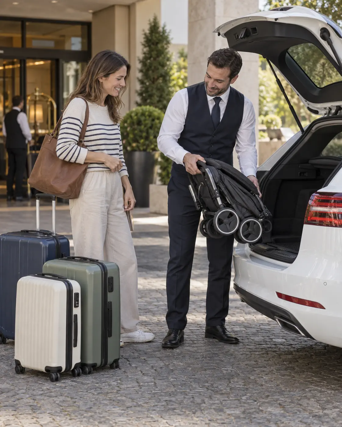 Traveller and driver checking a folded pushchair beside suitcases and an estate car