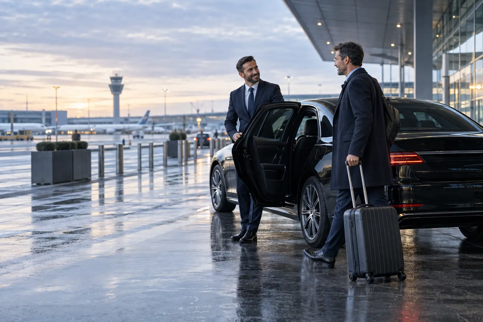 Driver welcoming a business traveller beside a black executive car at an airport
