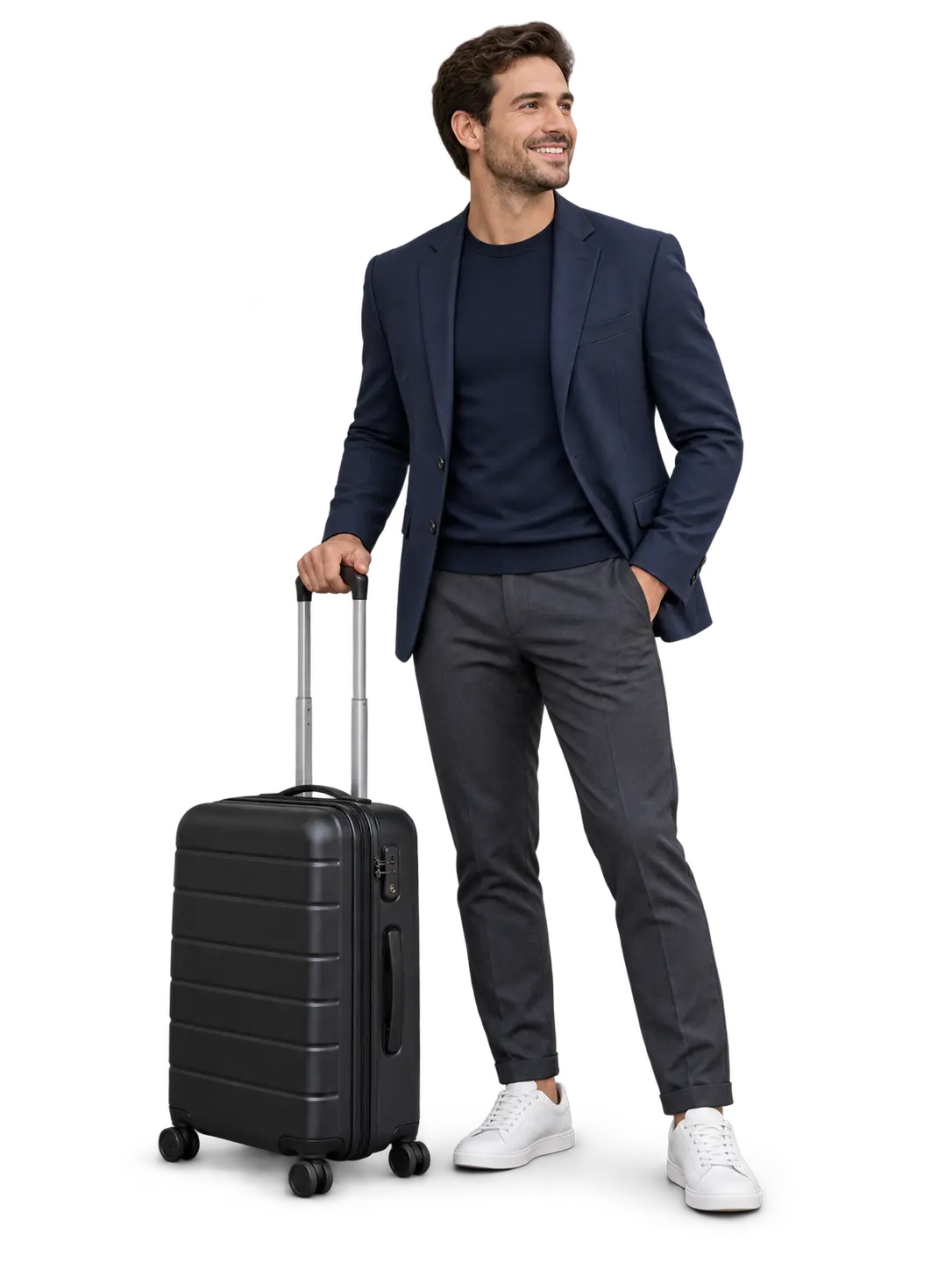 Business traveller standing with a charcoal suitcase ready for an executive airport transfer