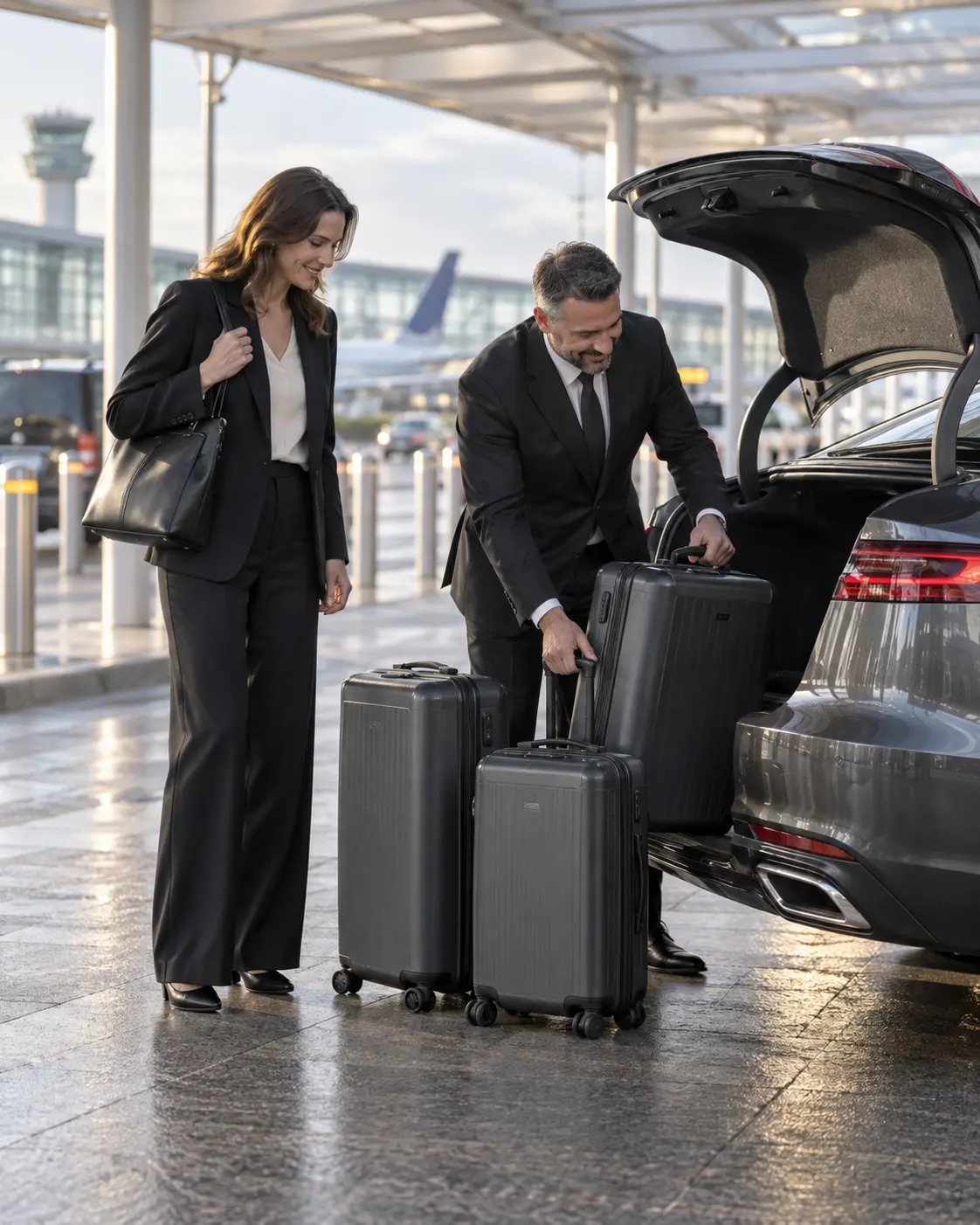 Business traveller and driver checking three standard cases beside an executive car