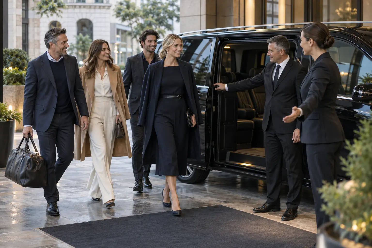 Corporate group arriving beside a black executive people carrier outside a hotel