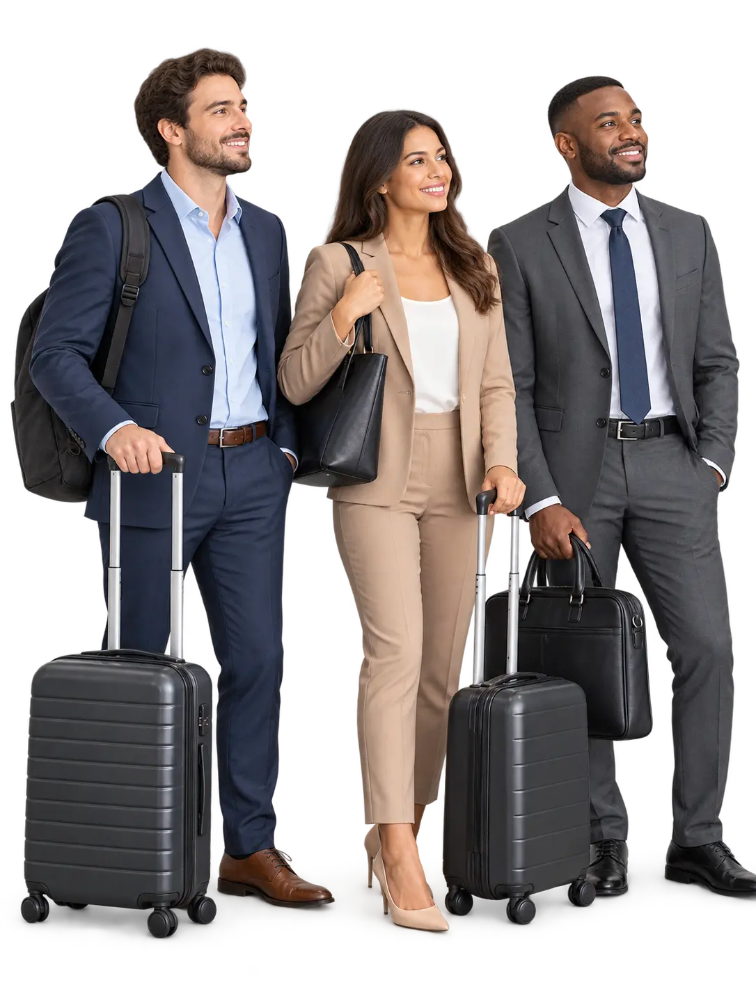 Three business travellers standing with compact luggage ready for a premium group transfer