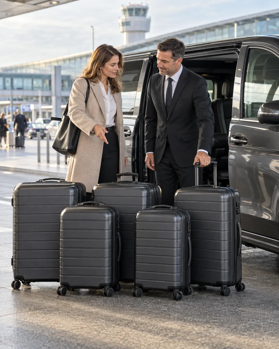 Traveller and driver reviewing five standard cases beside an executive people carrier