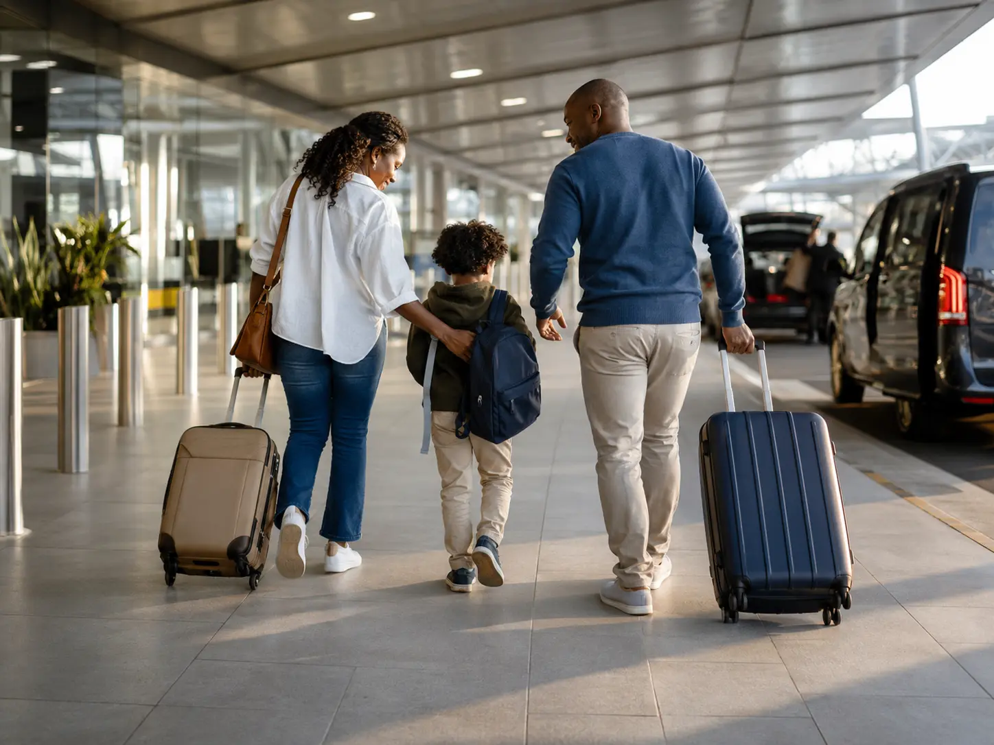 Family group arriving at an airport transfer vehicle with luggage