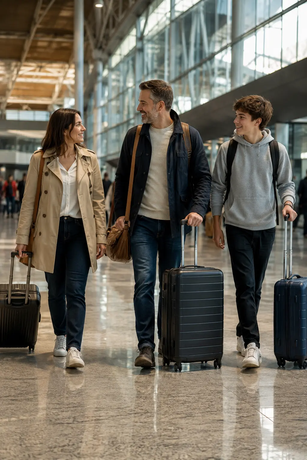 Family group walking through an airport terminal with their luggage