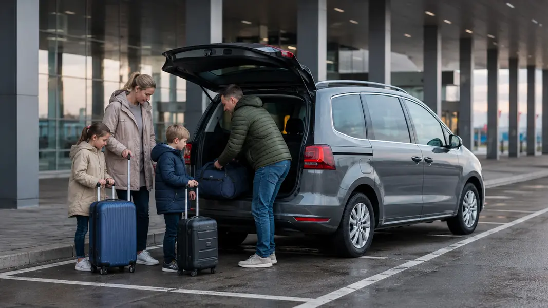 Family organising suitcases beside a parked people carrier at an airport terminal