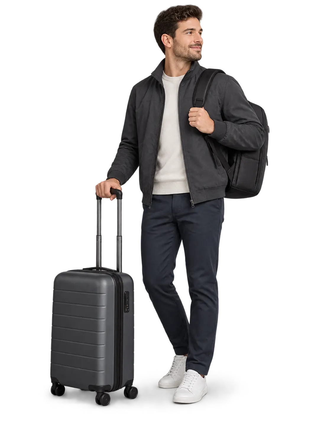 Traveller standing with suitcases ready to start an airport transfer enquiry