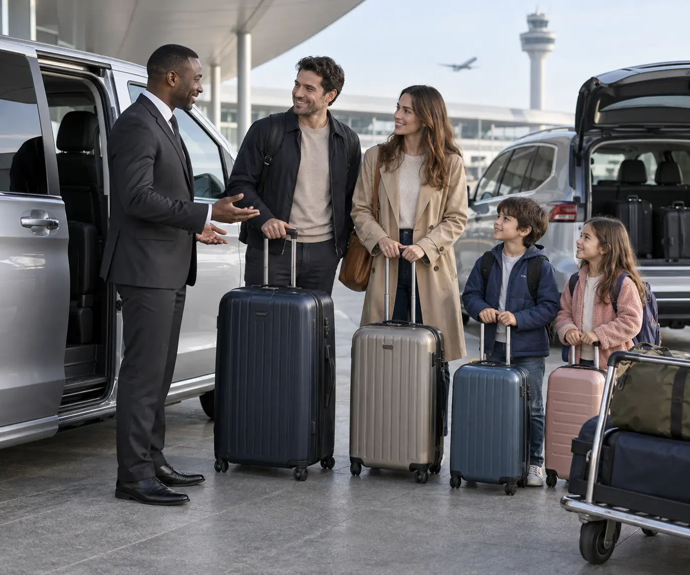 Travellers discussing luggage and vehicle needs beside an airport transfer car