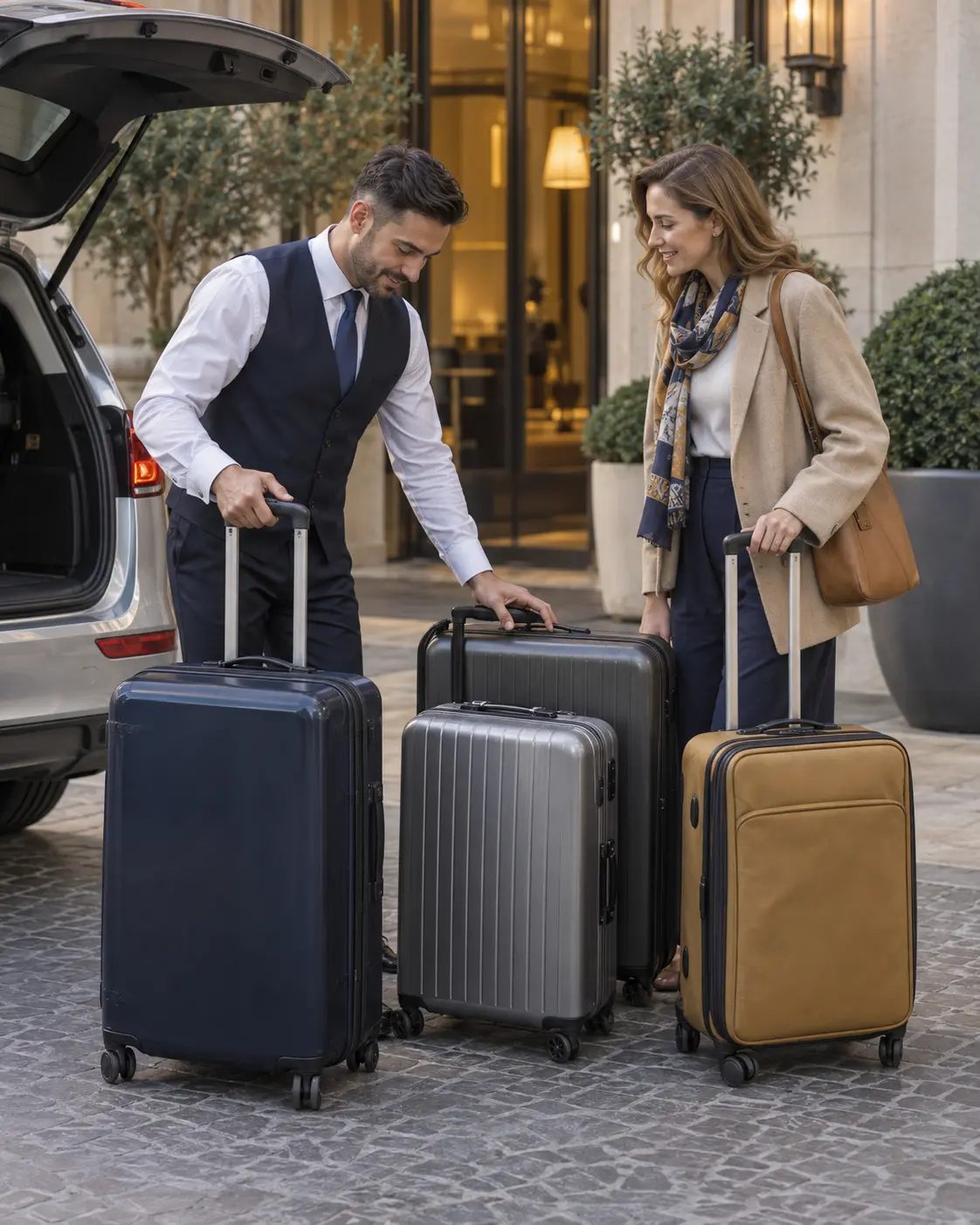 Traveller and driver counting luggage beside a generic airport transfer vehicle