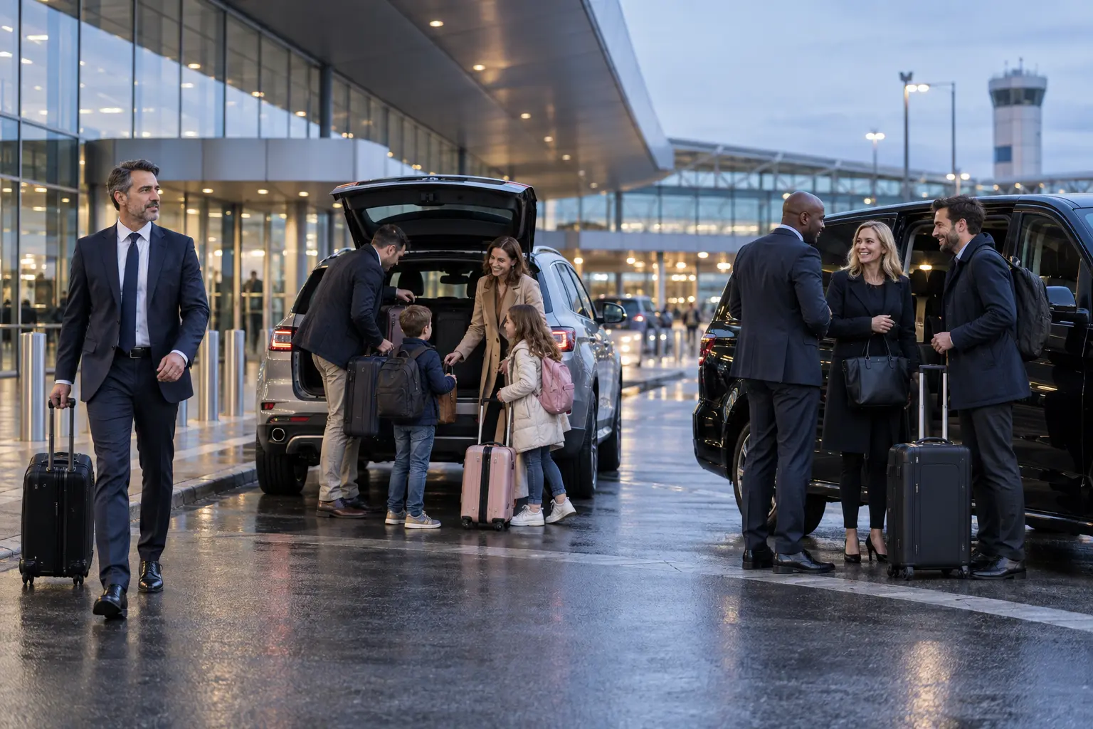 Travellers with different luggage loads meeting a driver outside an airport