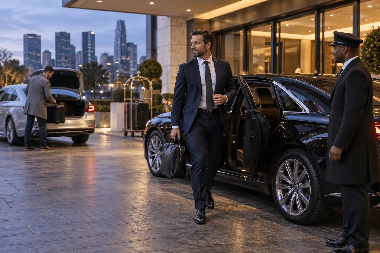 Professional driver welcoming a business traveller beside a premium generic vehicle
