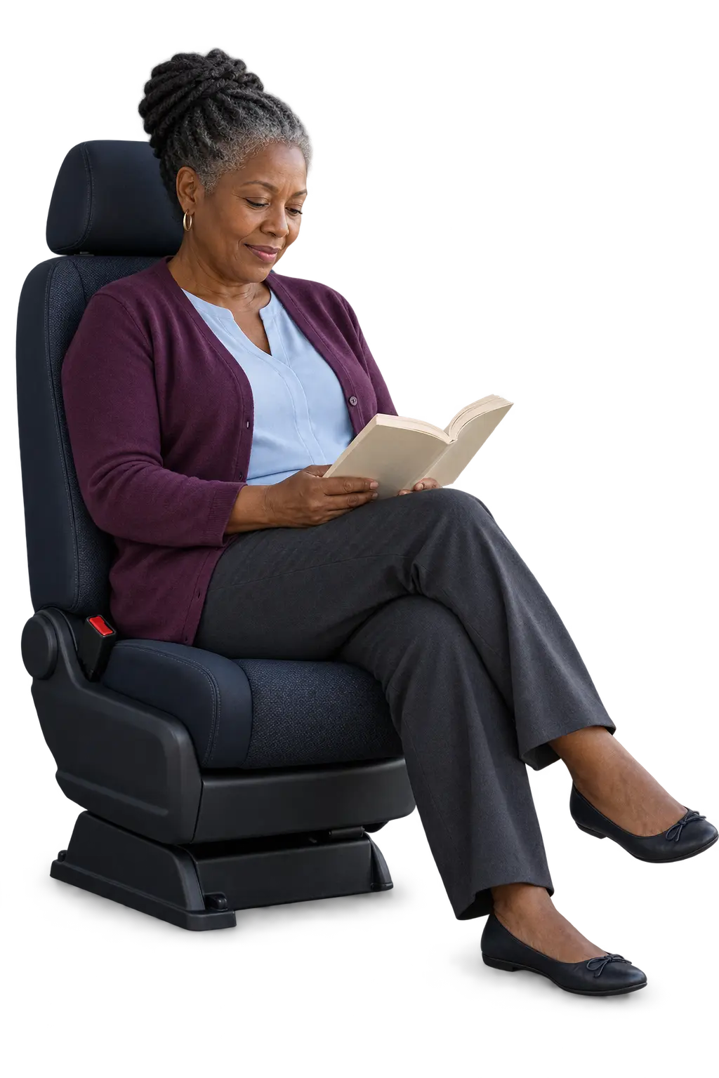 Traveller reading comfortably in an unbranded passenger seat