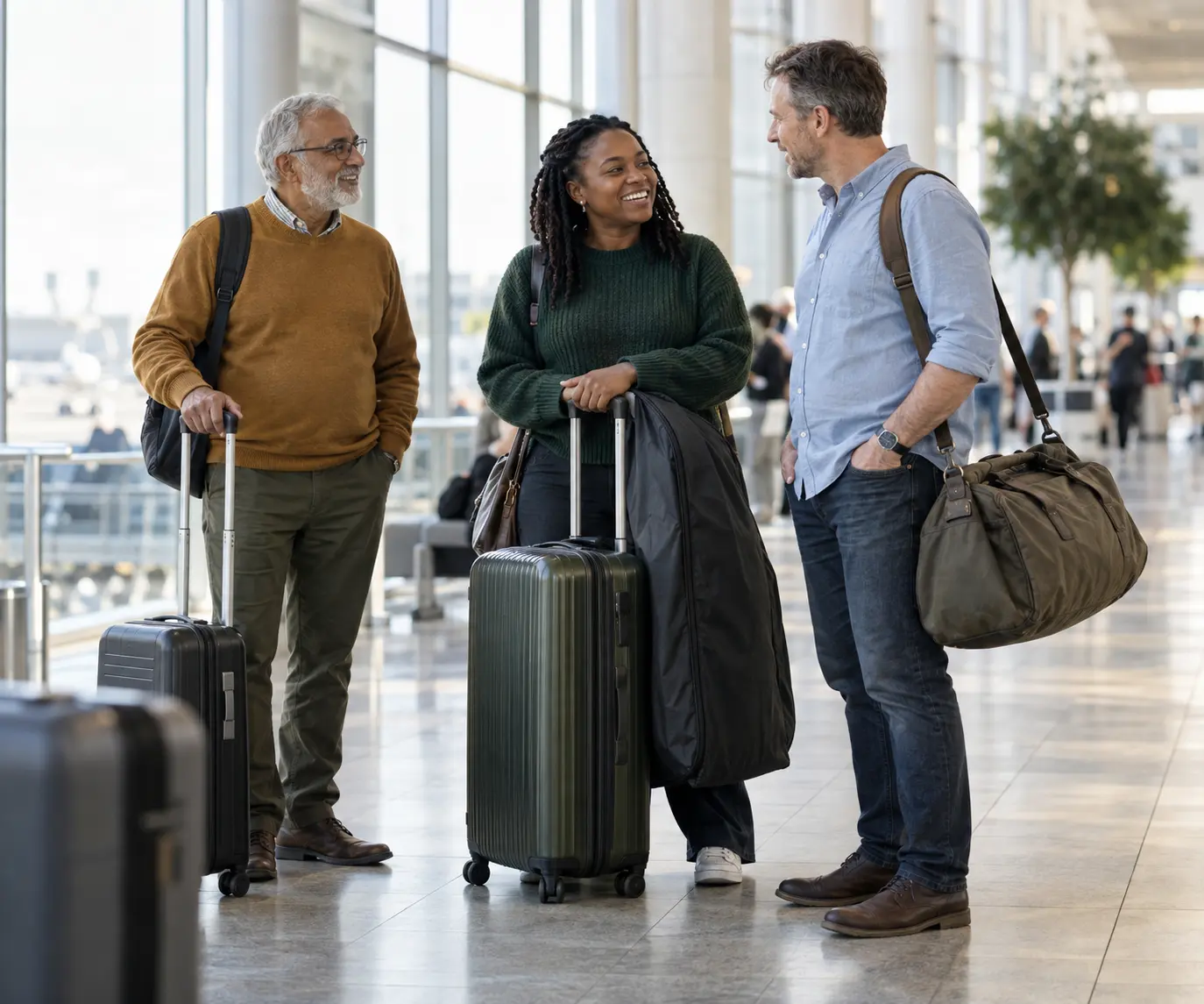 Three travellers with different luggage loads talking together in a bright airport terminal