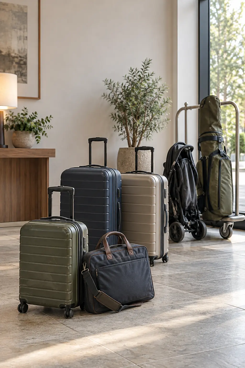 Different suitcase sizes, a laptop bag, folded pushchair and golf travel bag ready for collection