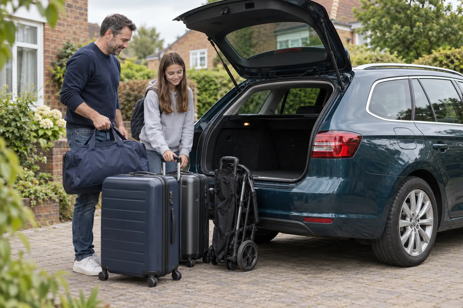 Father and daughter arranging suitcases and a folded pushchair beside an open estate car boot