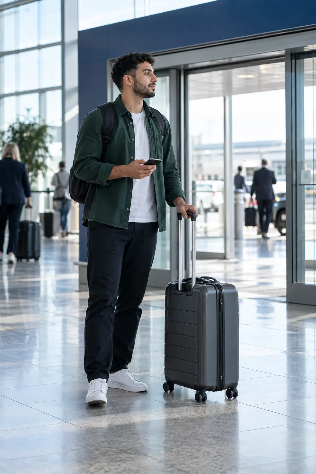 Traveller checking his phone beside a graphite suitcase in an airport arrivals hall