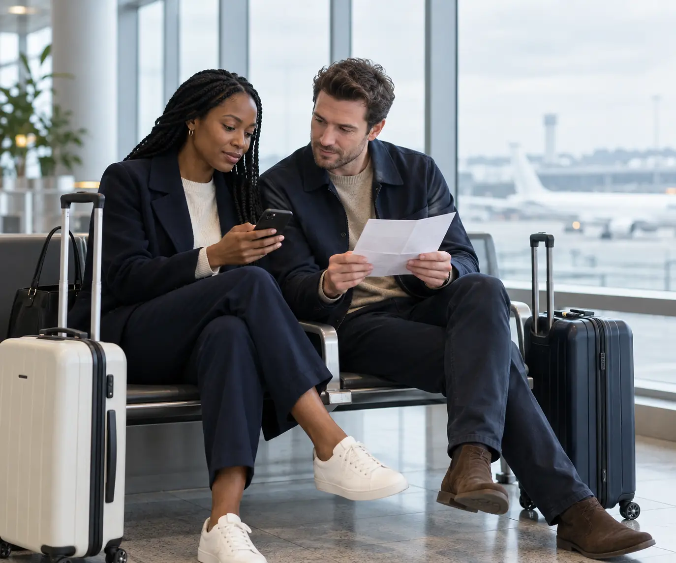 Two travellers checking a phone beside their suitcases in an airport