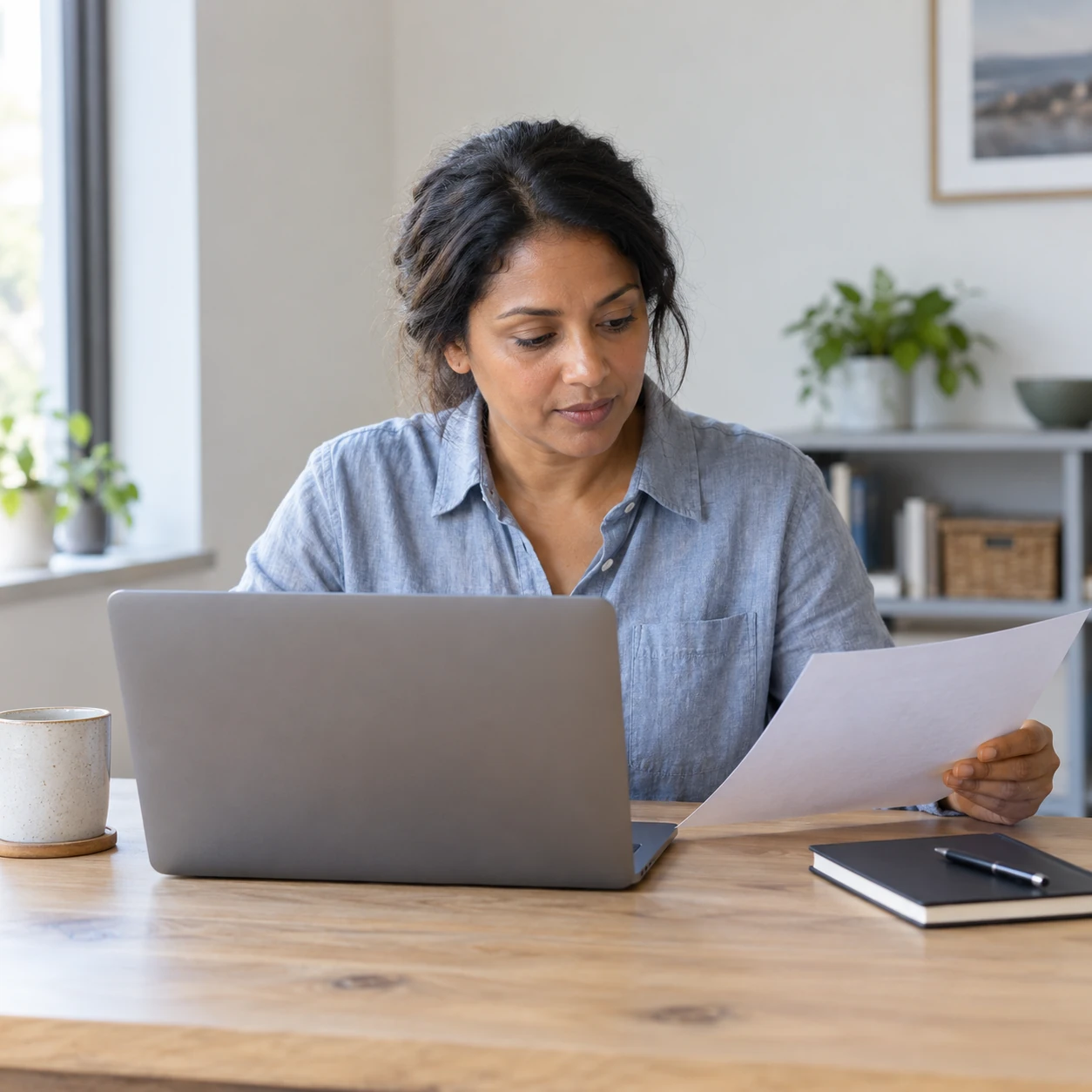 Planner reviewing a paper beside a laptop at a naturally lit desk