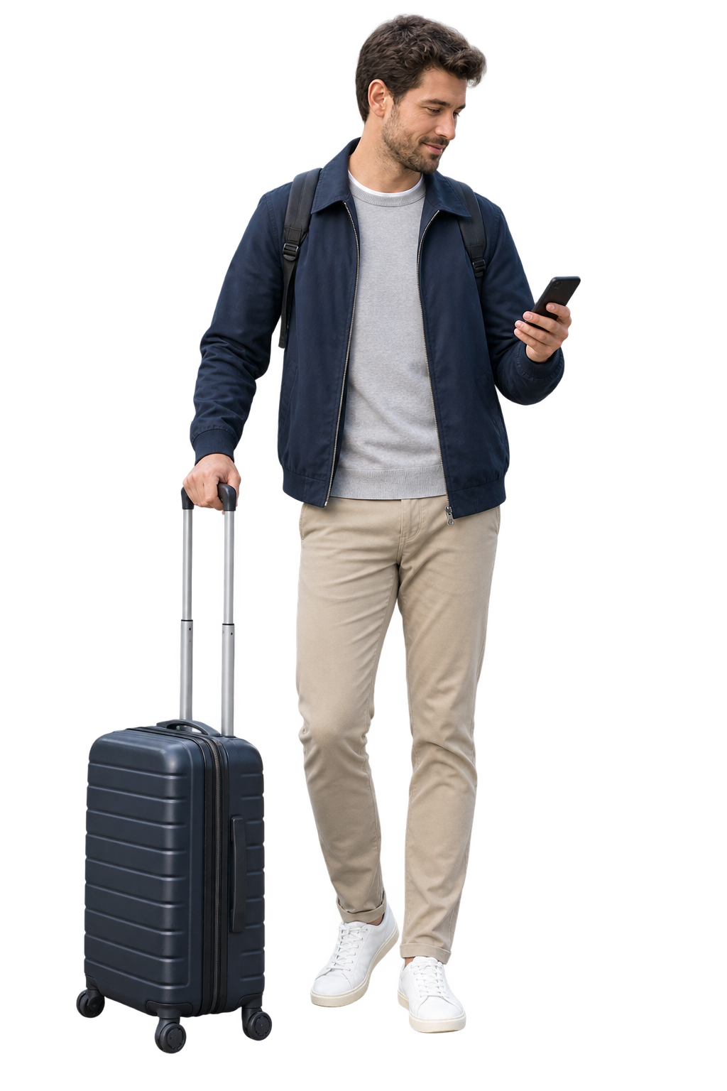 Traveller checking a phone beside a cabin suitcase