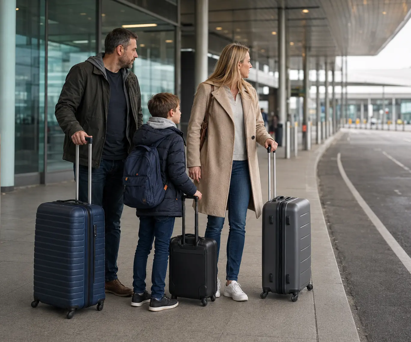 Family of three waiting with wheeled suitcases beneath a covered airport pickup area