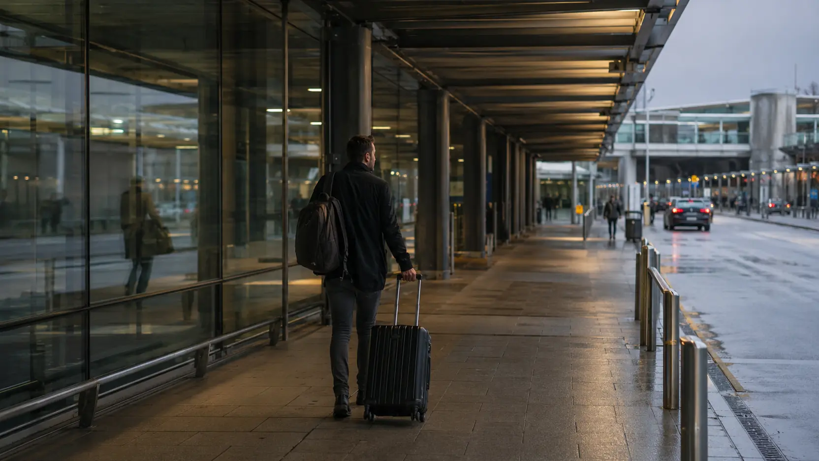 Traveller pulling a suitcase along a covered airport walkway on a wet morning