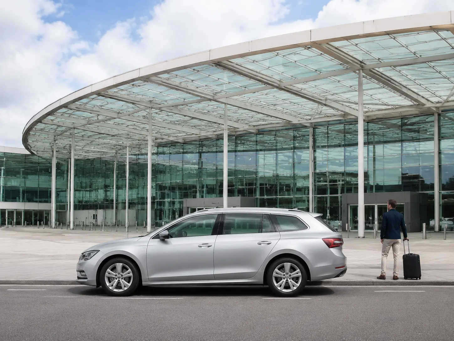 Traveller beside an executive estate outside Gatwick South Terminal