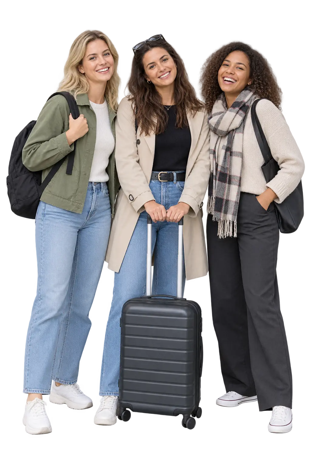 Three travellers standing together with a suitcase