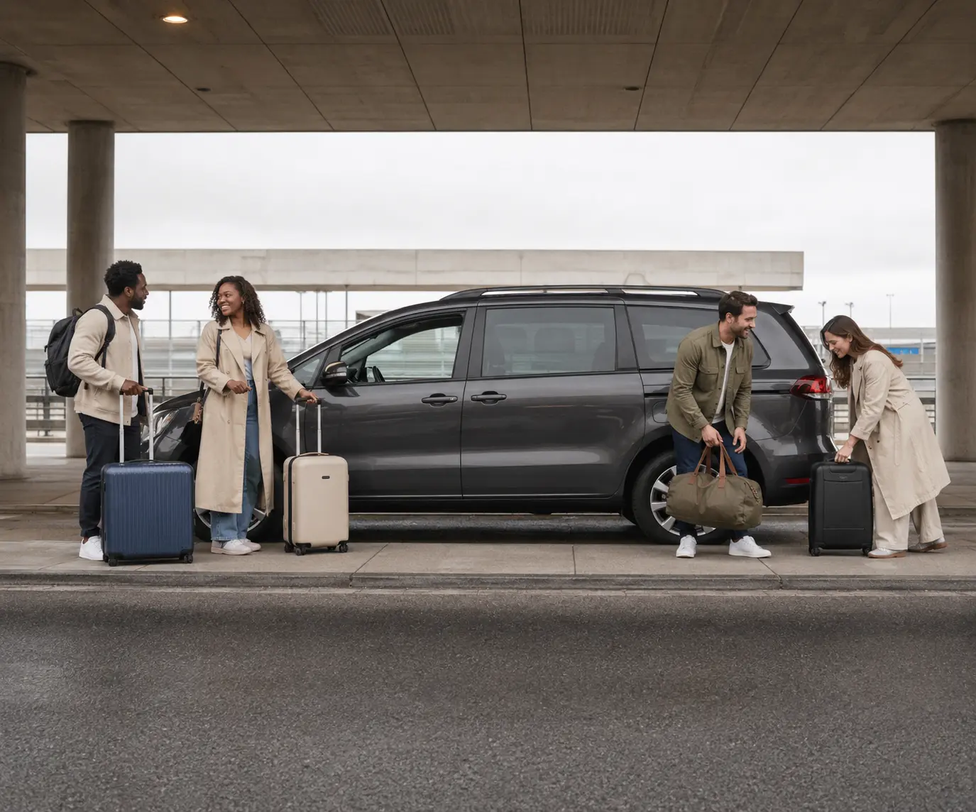 Four travellers organising luggage beside a people carrier