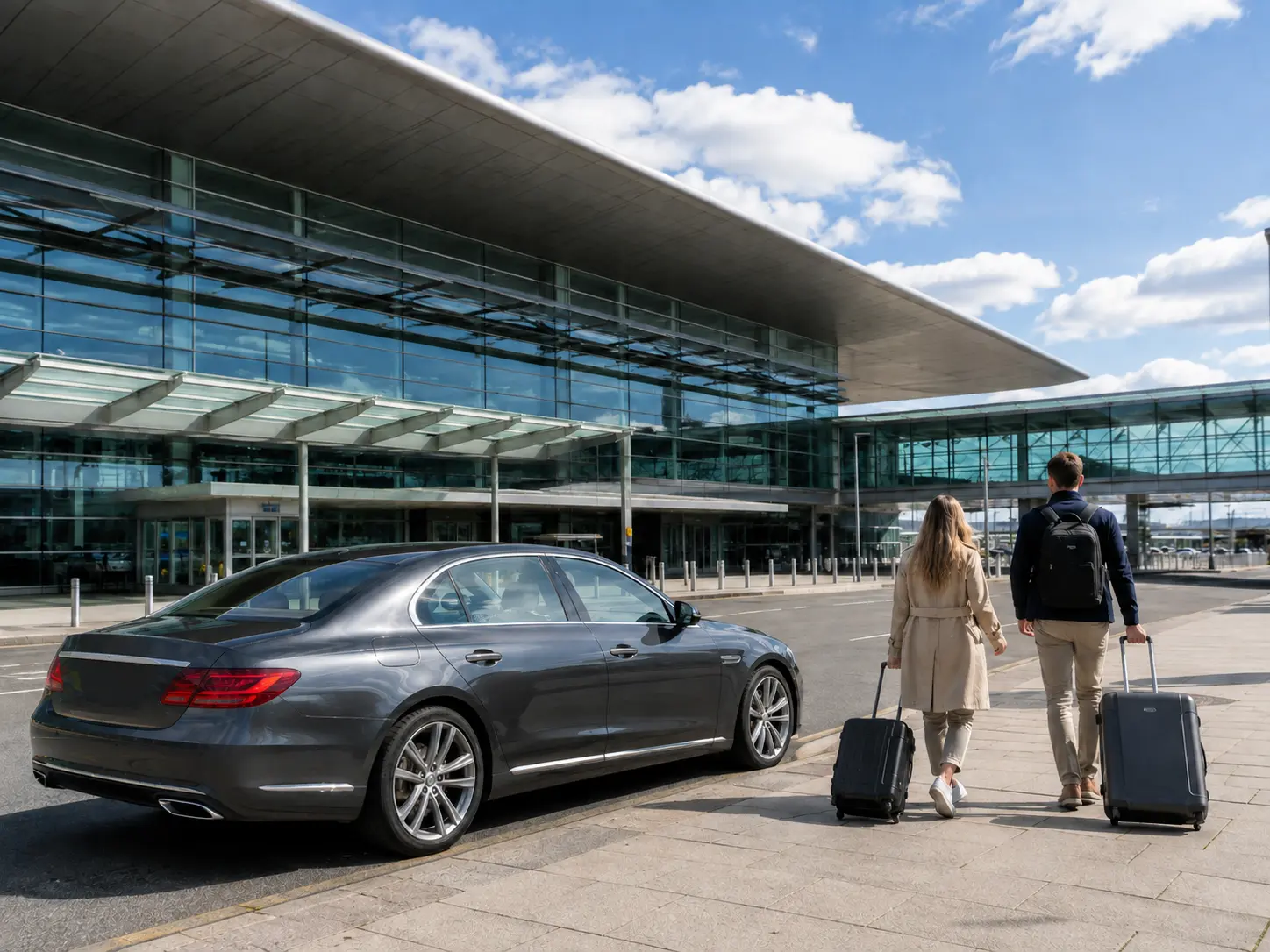 Travellers walking towards the glass-fronted Heathrow Terminal 2 beside an executive saloon