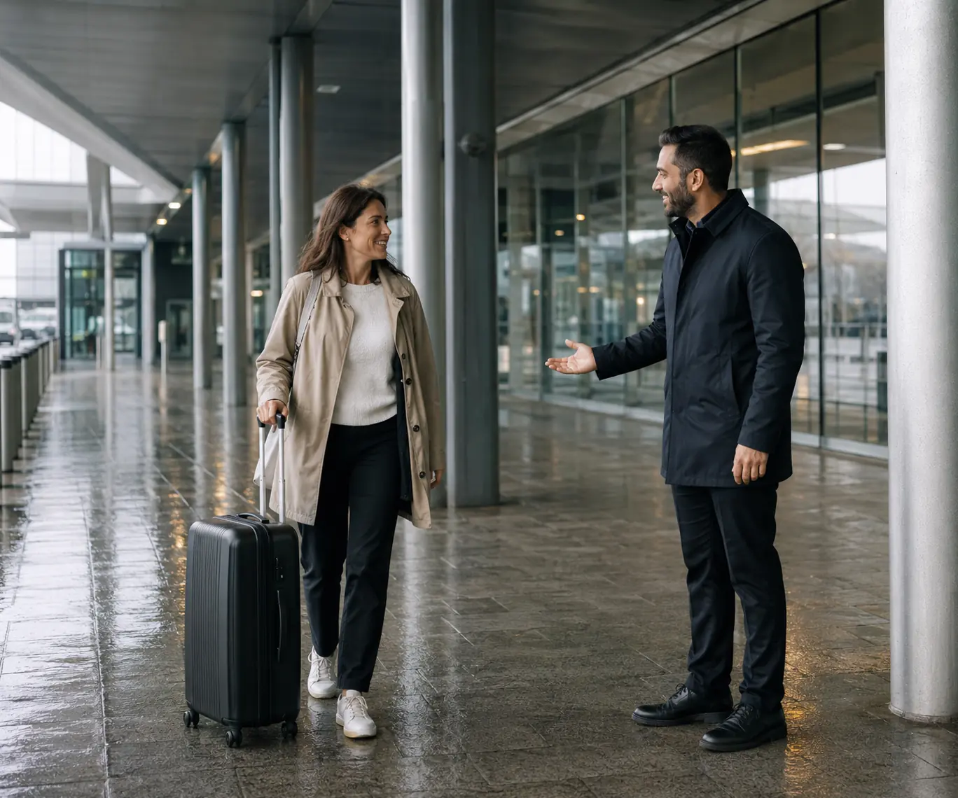 Arriving passenger with suitcase greeting a driver beneath a covered airport terminal forecourt