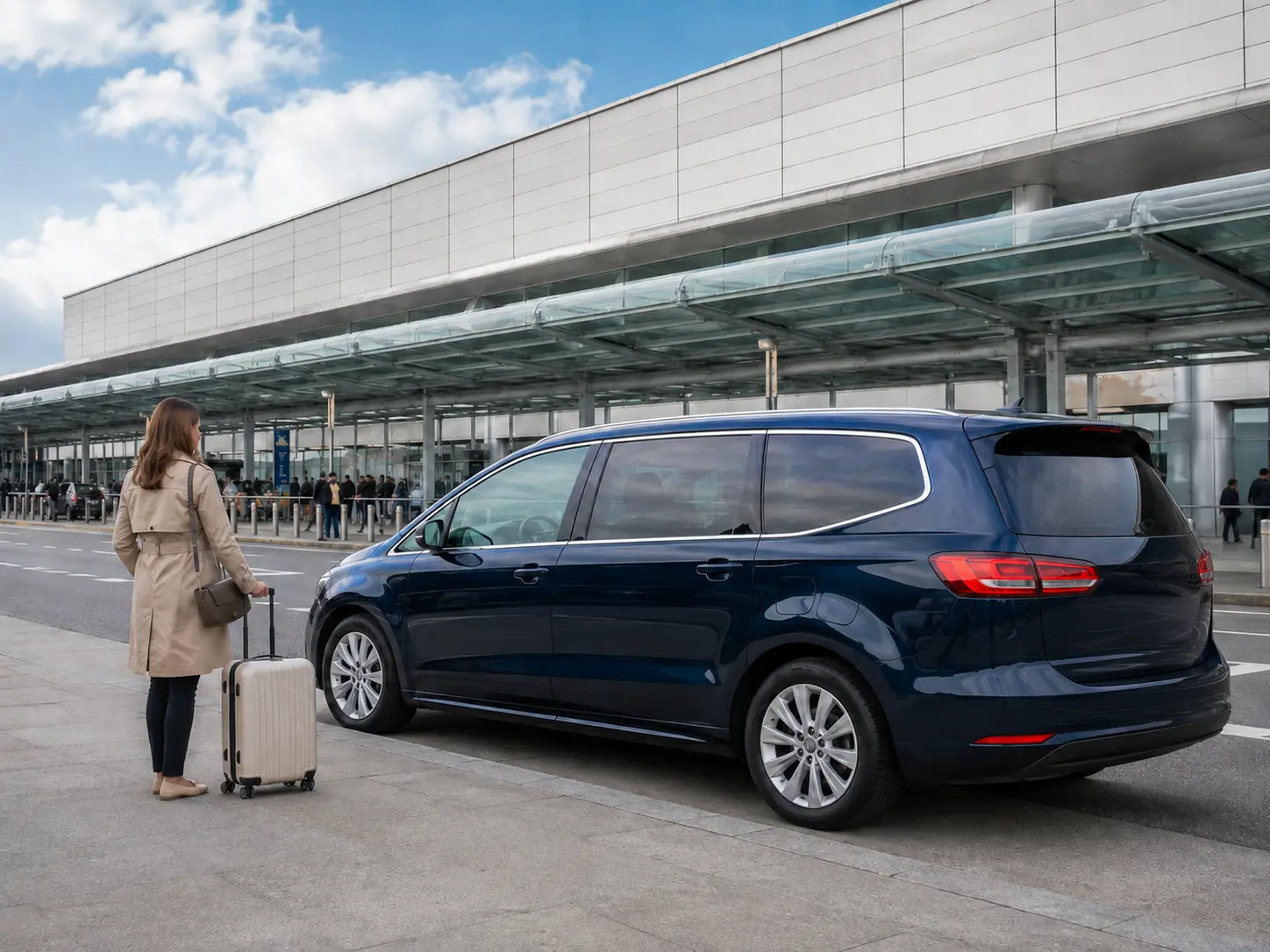Traveller waiting beside a premium people carrier at Heathrow Terminal 3