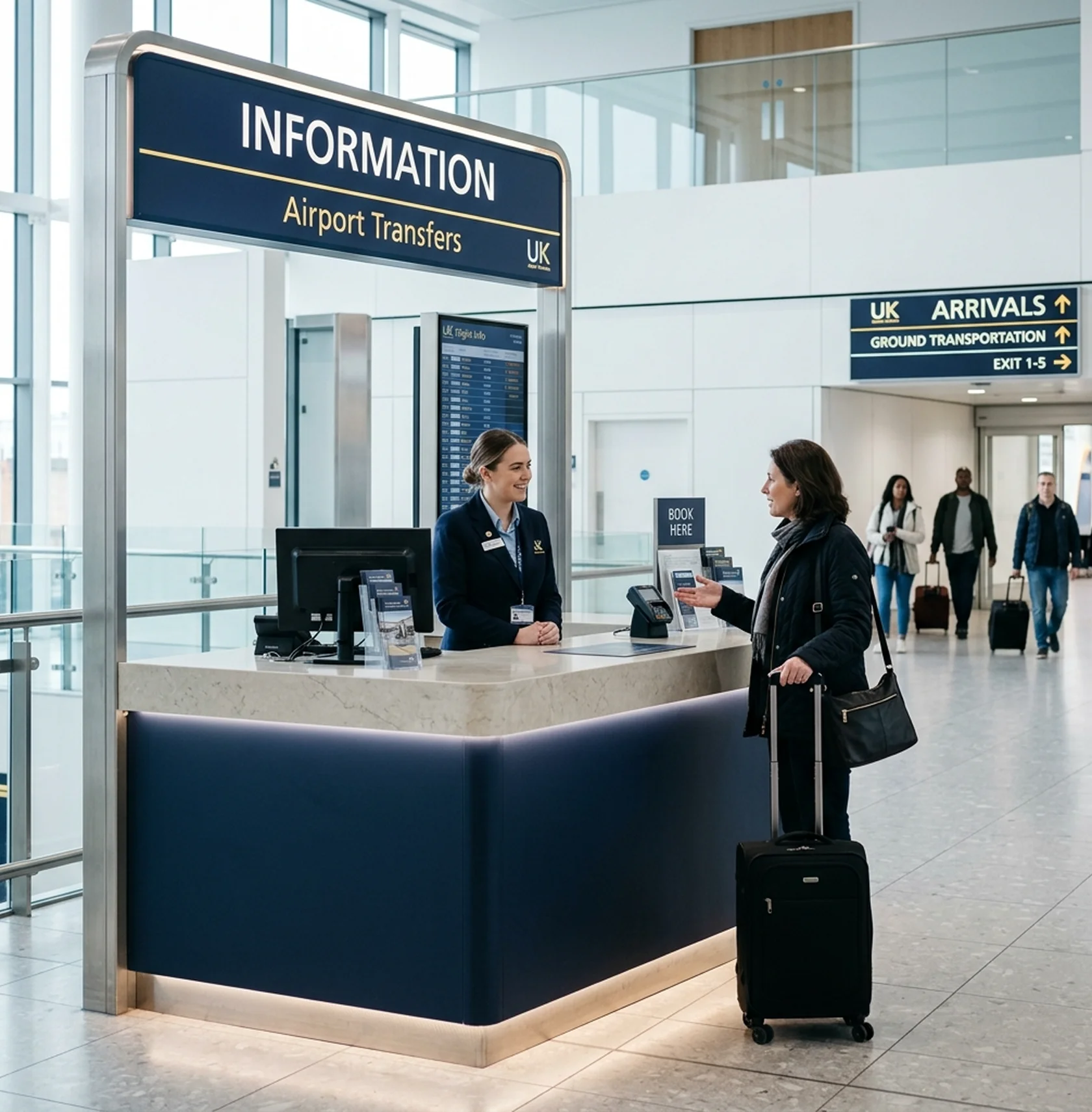 Staff assisting a traveler at an airport information desk.