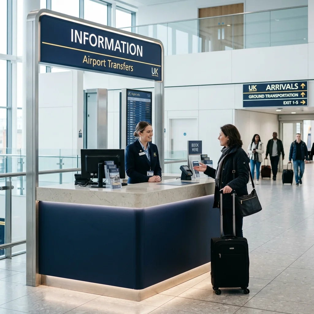 Staff assisting a traveler at an airport information desk.