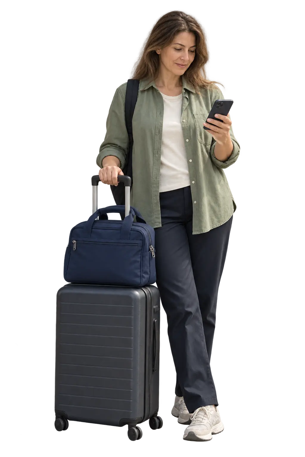 Arriving traveller checking her phone beside two pieces of luggage