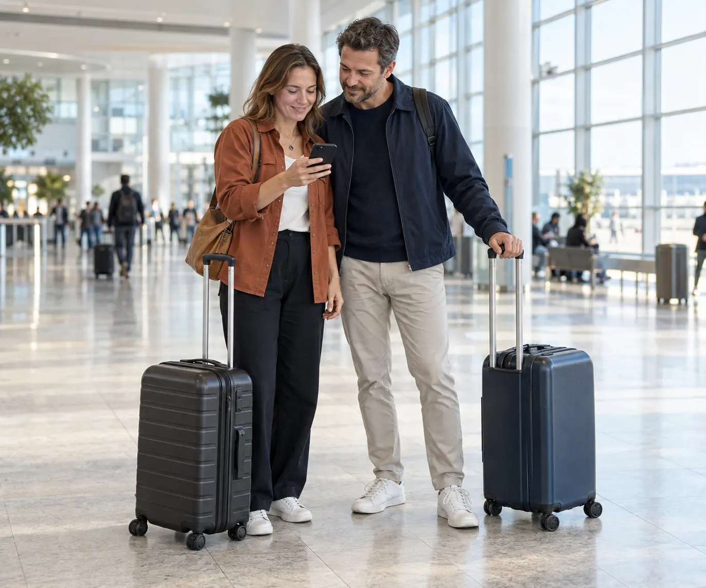 Couple checking a phone beside two suitcases in an airport arrivals hall