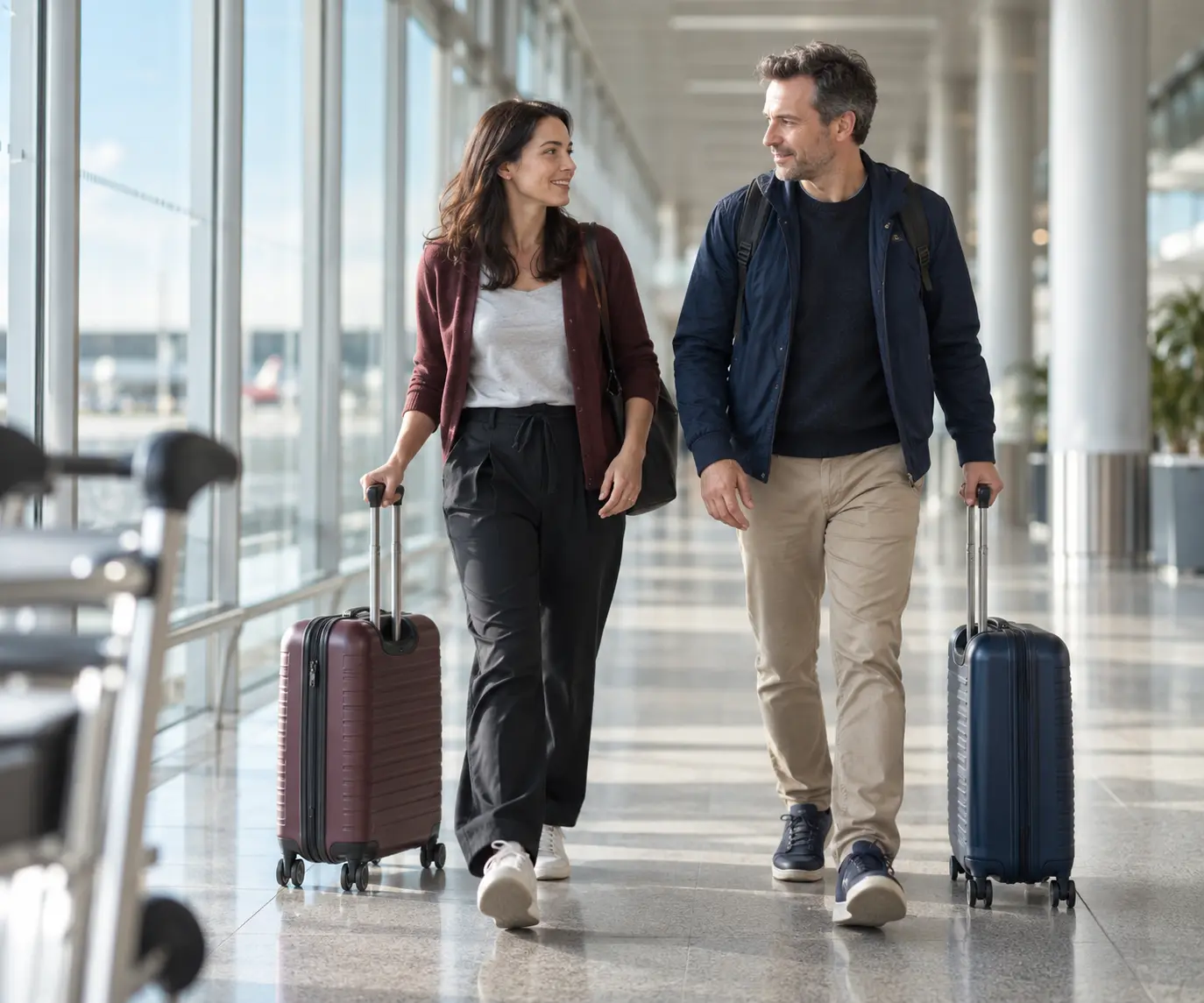 Two travellers walking through a bright airport corridor with suitcases