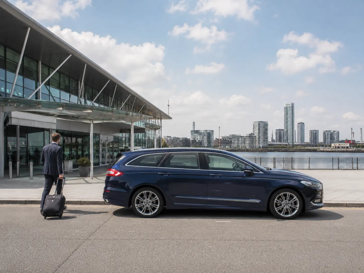 Business traveller beside an executive estate at London City Airport