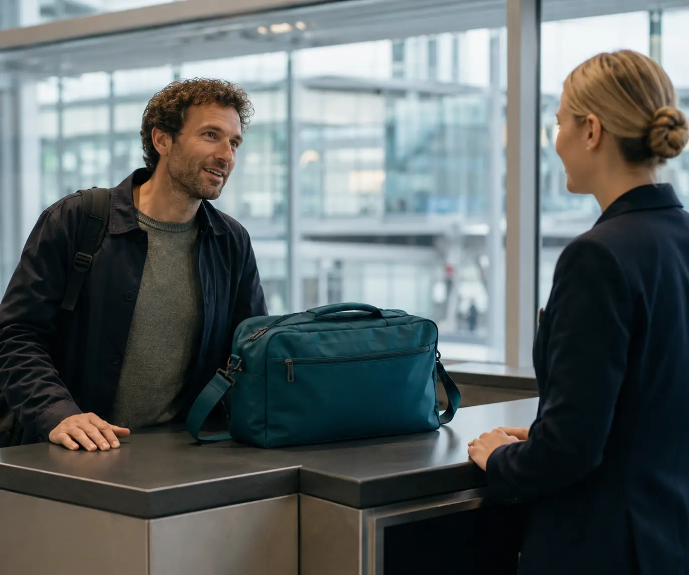 Traveller confirms the return of a teal cabin bag at an airport help counter