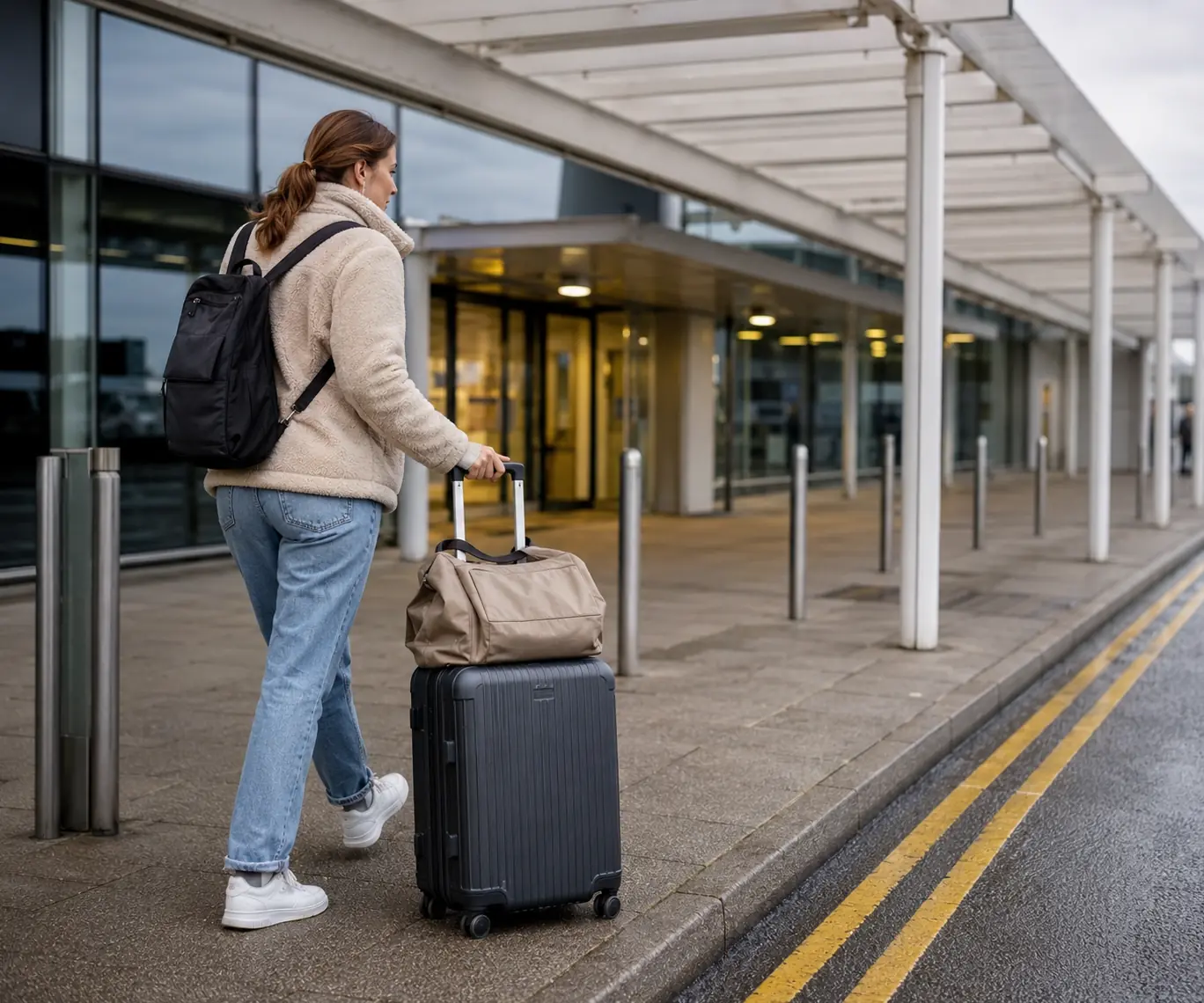 Traveller pulling a suitcase with a soft bag along a covered airport terminal walkway