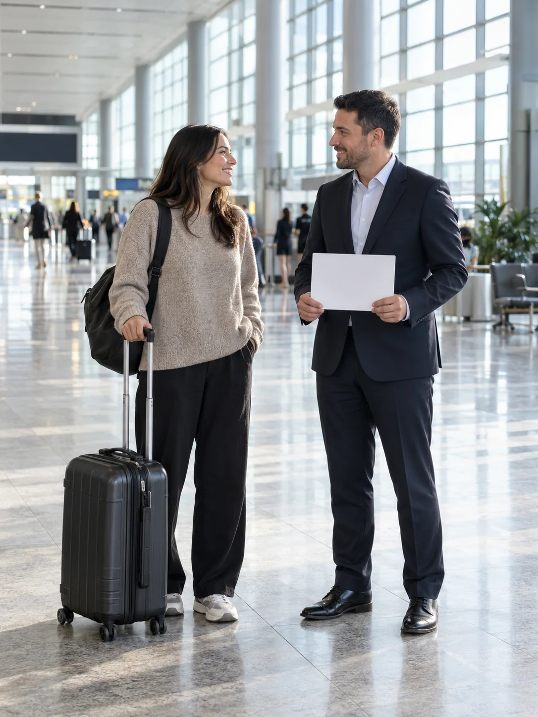 Driver greeting a traveller beside luggage in a bright airport arrivals hall