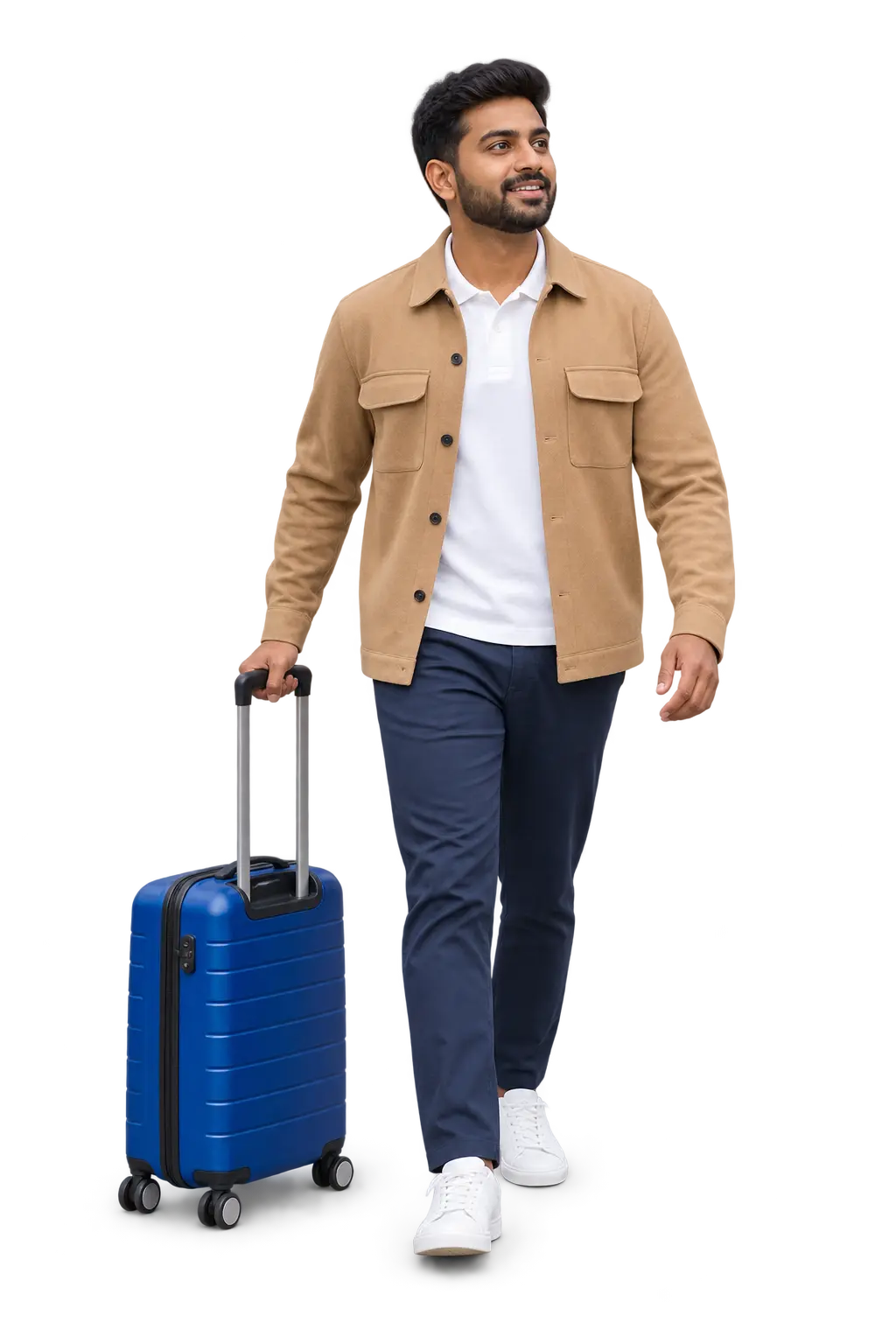 Traveller walking with a blue cabin suitcase