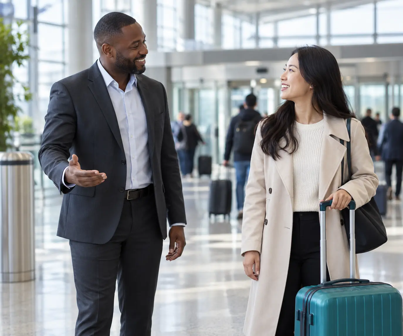 Driver greeting a traveller beside a teal suitcase in airport arrivals