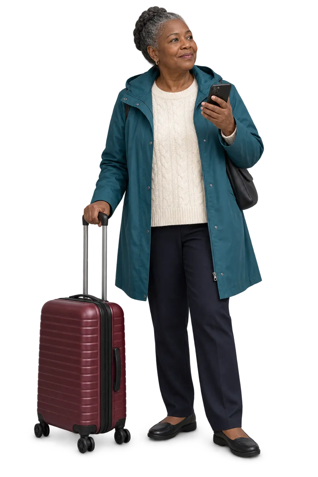 Traveller contacting her driver beside a burgundy suitcase