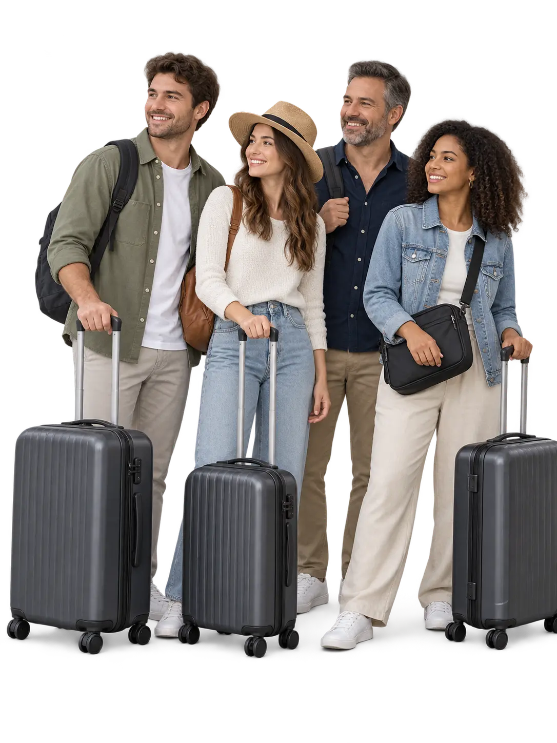 Four members of a larger travel group standing with suitcases ready for a minibus transfer